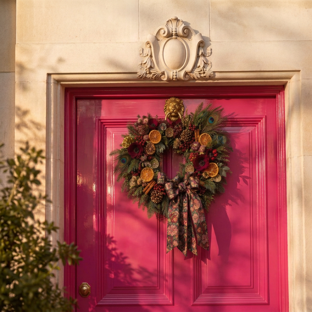 A lush wreath of printed silk ribbons, dried citrus and gilded fruit hanging on a hot pink front door with a gold lion-head knocker